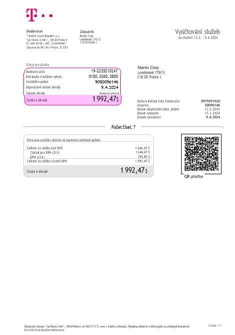 Download Czech Republic T Mobile business  utility bill Word and PDF template (2) Photoshop template